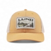 Front image the Khaki Fishing Hat that has a rectangular patch with the word "LUND" and a graphic image of a fish