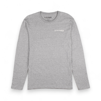 Front image of the Grey Built by Fishermen Long Sleeve Tee with white Lund logo on the left chest