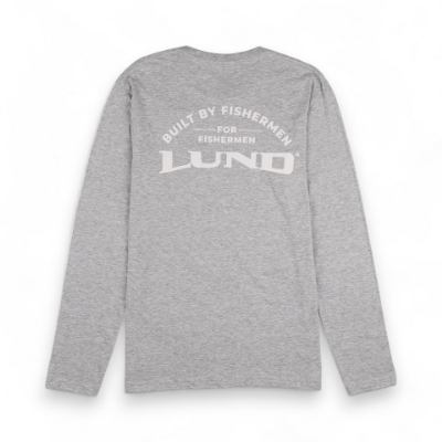 Front image of the Grey Built by Fishermen Long Sleeve Tee with white Lund logo on the left chest