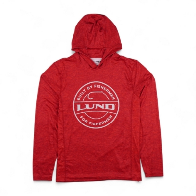 Image of the Red Hooded Performance Shirt displays a circular graphic with the text "BUILT BY FISHERMEN FOR FISHERMEN" encircling the "LUND" logo.