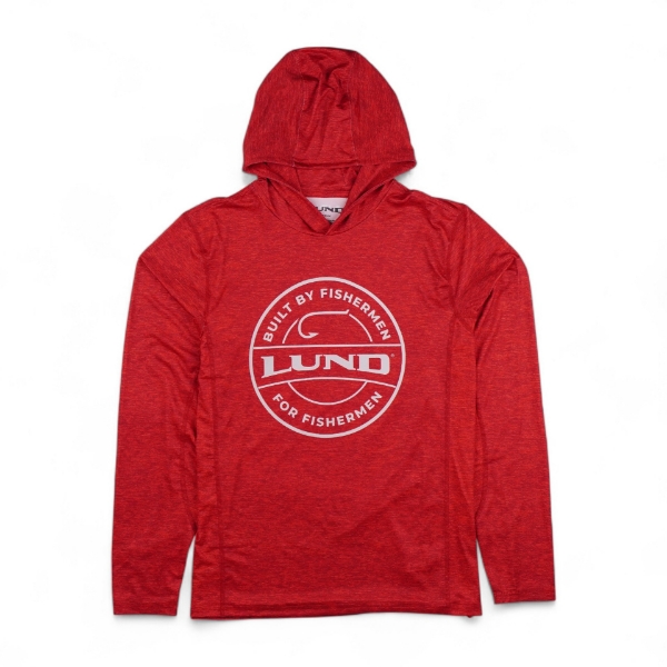Image of the Red Hooded Performance Shirt displays a circular graphic with the text "BUILT BY FISHERMEN FOR FISHERMEN" encircling the "LUND" logo.