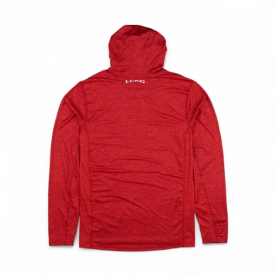 Image of the Red Hooded Performance Shirt displays a circular graphic with the text "BUILT BY FISHERMEN FOR FISHERMEN" encircling the "LUND" logo.