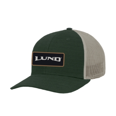 Front of Lund Owner’s Club Hat with green crown, beige mesh back, and black Lund logo patch