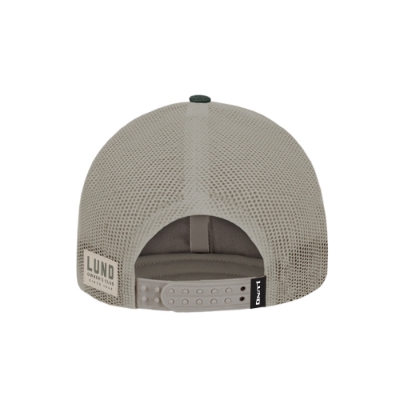 Front of Lund Owner’s Club Hat with green crown, beige mesh back, and black Lund logo patch