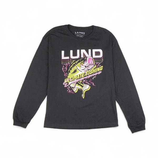 Black Lund Big Catch long sleeve t-shirt with neon bass graphic and “Ultimate Fishing” text.