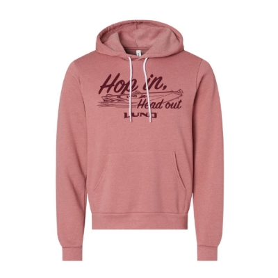 Women’s Hop In Hoodie in rose with “Hop In. Head Out.” graphic and Lund logo