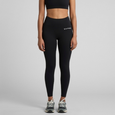 Women’s black high-waist 7/8 leggings with matte finish, seamless sides, and Lund logo
