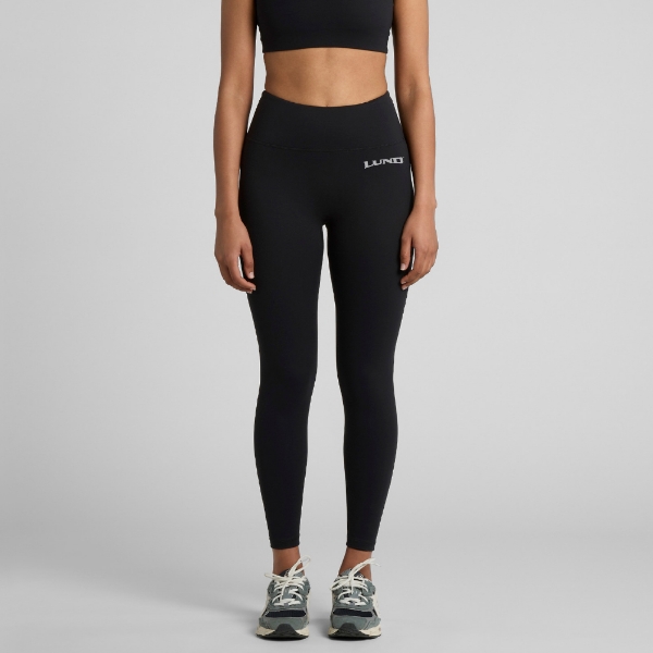 Women’s black high-waist 7/8 leggings with matte finish, seamless sides, and Lund logo