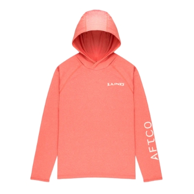 Women’s coral AFTCO performance hoodie with Lund chest logo and AFTCO branding on sleeve