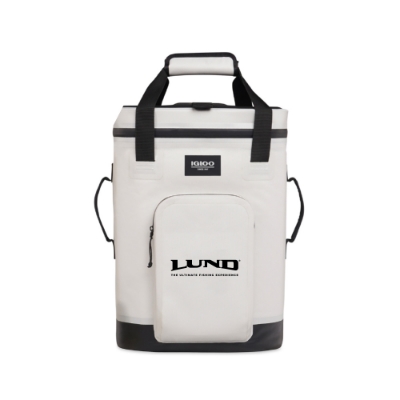 White and black Igloo backpack cooler with Lund logo, front zip pocket, and padded straps