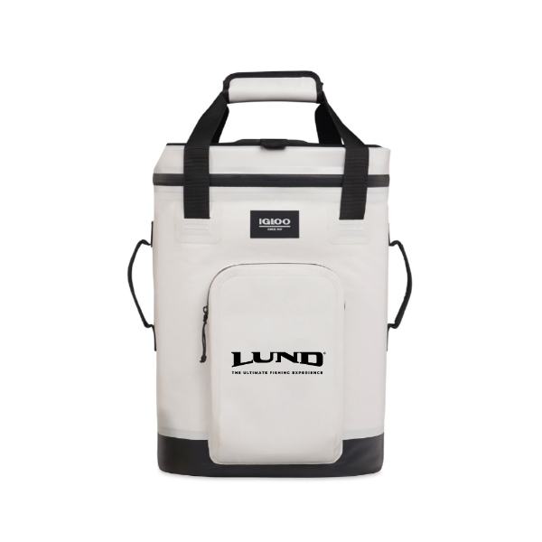 White and black Igloo backpack cooler with Lund logo, front zip pocket, and padded straps