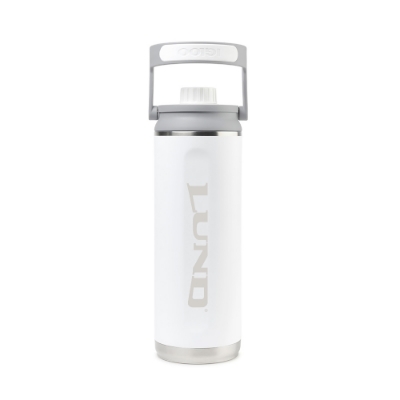 White 46 oz. Igloo stainless steel insulated bottle with Lund logo, leakproof lid, and swing-up handle