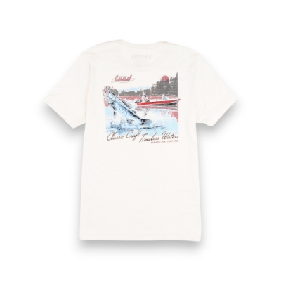 Front view of Lund Retro Run Tee in white with small red Lund logo on chest