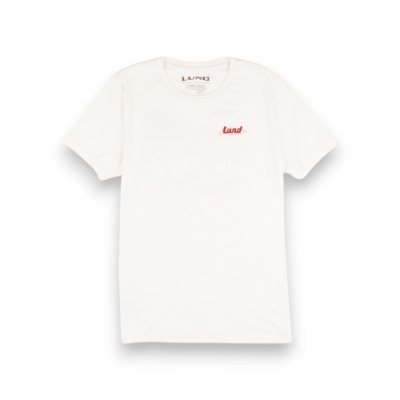 Front view of Lund Retro Run Tee in white with small red Lund logo on chest