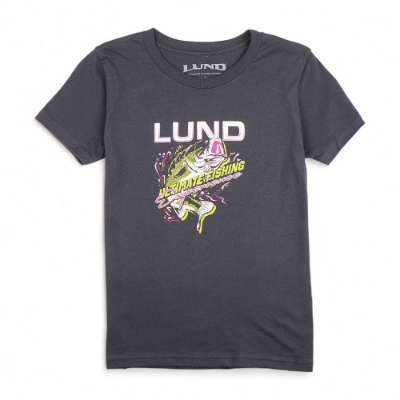 Youth dark grey cotton t-shirt with colorful Lund fishing graphic and “Ultimate Fishing Experience” text