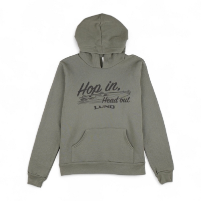 Youth olive green cotton/poly fleece hoodie with “Hop In. Head Out.” graphic and Lund logo