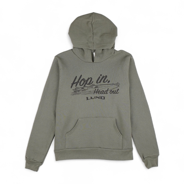 Youth olive green cotton/poly fleece hoodie with “Hop In. Head Out.” graphic and Lund logo