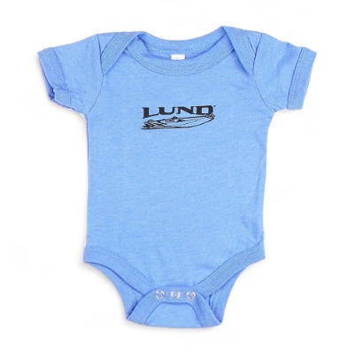 Blue baby onesie with Lund boat graphic, envelope neck, and snap leg closure