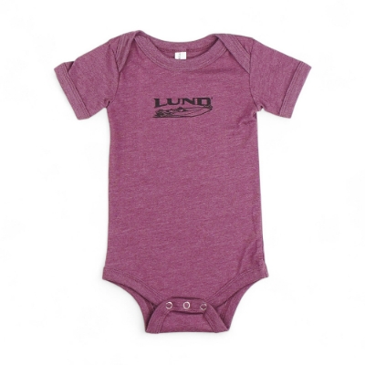 Maroon baby onesie with Lund boat graphic, envelope neck, and snap leg closure