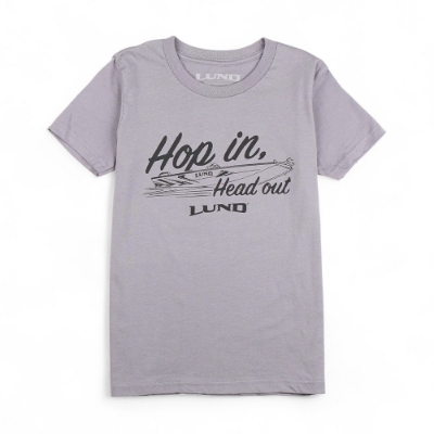 Youth grey cotton t-shirt with “Hop In. Head Out.” graphic and Lund logo on front