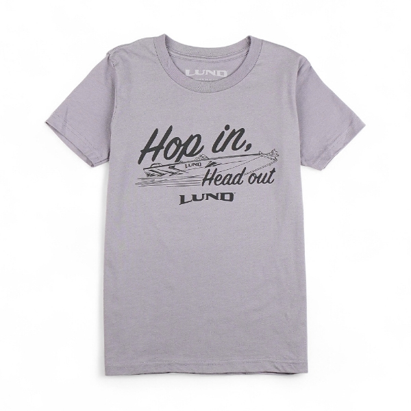 Youth grey cotton t-shirt with “Hop In. Head Out.” graphic and Lund logo on front