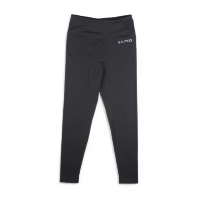 Women’s black high-waist 7/8 leggings with matte finish, seamless sides, and Lund logo