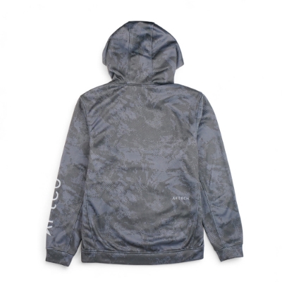Front view of the Lund Reaper Camo Hoodie in gray camo, featuring the Lund logo across the chest and AFTCO branding on the sleeve.