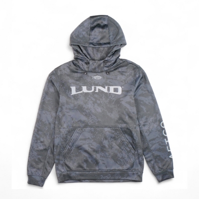 Front view of the Lund Reaper Camo Hoodie in gray camo, featuring the Lund logo across the chest and AFTCO branding on the sleeve.