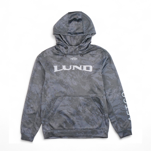 Front view of the Lund Reaper Camo Hoodie in gray camo, featuring the Lund logo across the chest and AFTCO branding on the sleeve.