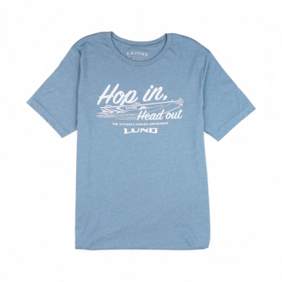 Blue Lund Hop In tri-blend t-shirt with “Hop In. Head Out.” boat graphic printed on the front.