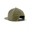 Angled back-left view of the olive green Lund Channel Hat featuring mesh panels and an adjustable snap closure.
