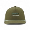 Front view of the olive green Lund Channel Hat featuring an embroidered Lund logo and a light-colored rope detail across the bill