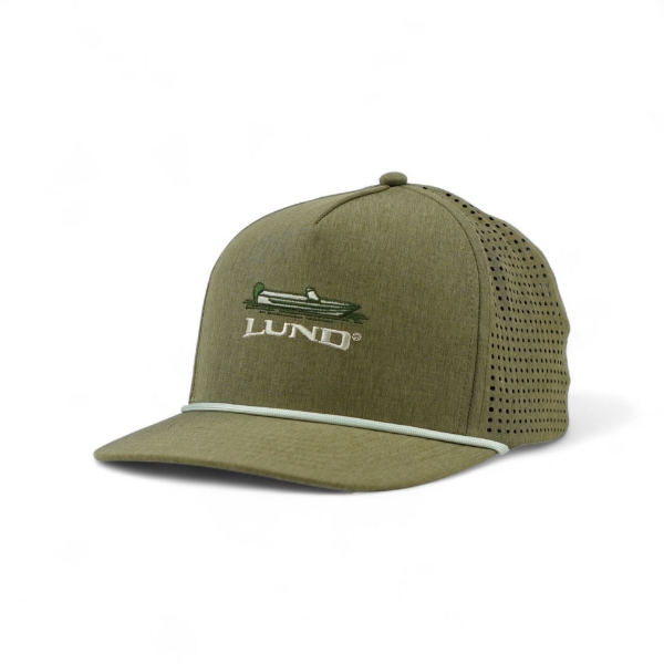 Angled front-left view of the olive green Lund Channel Hat with embroidered Lund logo and rope-accented bill