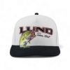 Front view of the Lund Big Catch Hat with a bold Lund logo, colorful jumping fish graphic, and dark bill.