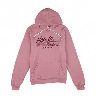 Women’s Hop In Hoodie in rose with “Hop In. Head Out.” graphic and Lund logo