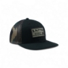 Angled front-right view of the black Lund camo hat showing the embroidered patch and camo mesh back panels
