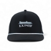 Front view of the black Lund Drift Hat with an embroidered Lund boat logo and white rope accent along the edge of the bill.