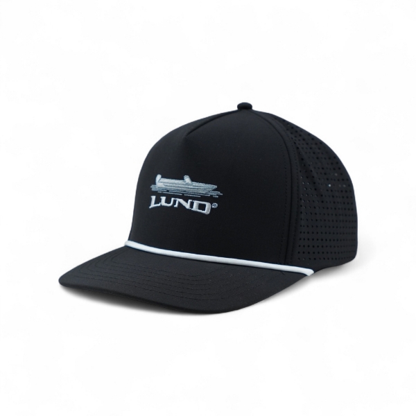 Black Lund Drift Hat shown at an angle, featuring an embroidered Lund boat logo and a white rope detail across the bill.
