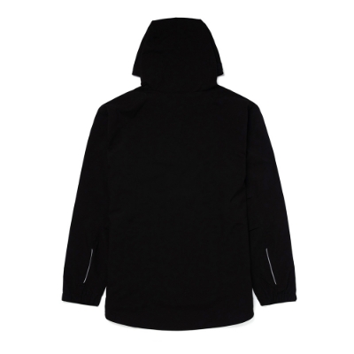 A black Dri duck anorak jacket with a hood and Lund embroidered in red on the left chest.