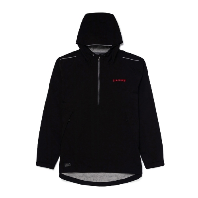 A black Dri duck anorak jacket with a hood and Lund embroidered in red on the left chest.
