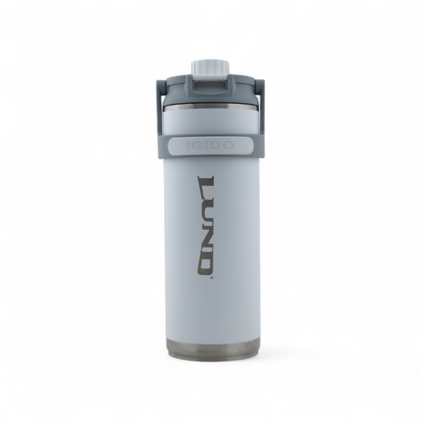 White 46 oz. Igloo stainless steel insulated bottle with Lund logo, leakproof lid, and swing-up handle