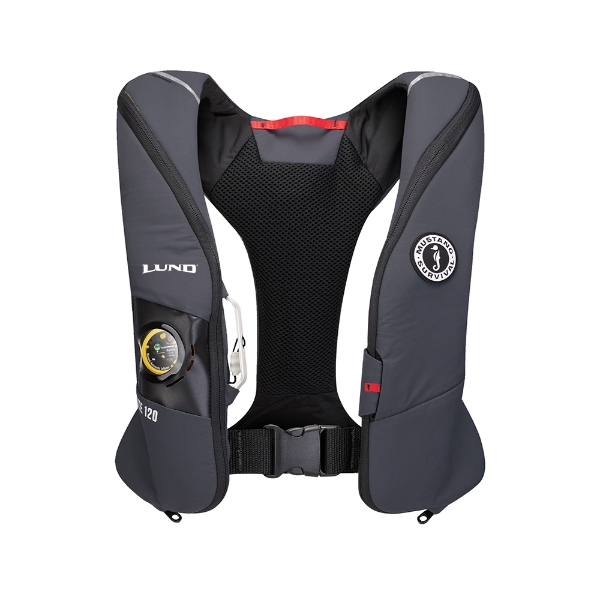 Elite 120 Inflatable PFD in red, front view with Mustang Survival logo