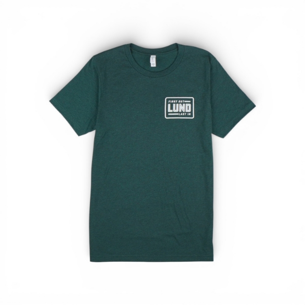 Front view of First Out Last In tee in green with small chest logo