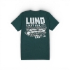 Back view of First Out Last In tee in green with large outdoor fishing graphic