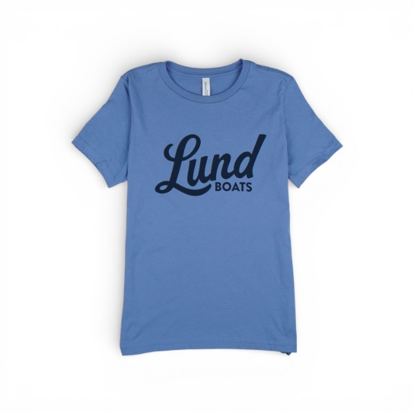 Front view of Women’s Heritage Script Tee in blue with Lund Boats logo
