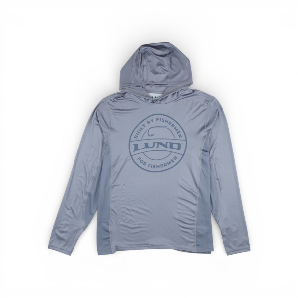 Front view of Lund Built for Fishermen Performance Hoodie in grey with built for fishermen circular Lund logo