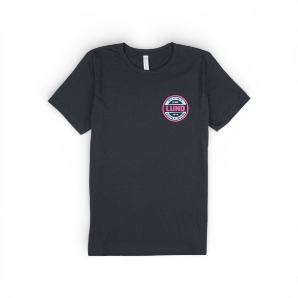 Front view of Retro Neon Tee in black with small neon Lund badge on chest