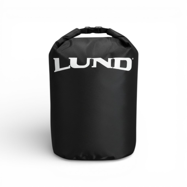 Black Lund dry bag shown upright with adjustable shoulder straps and a roll‑top closure against a white background.