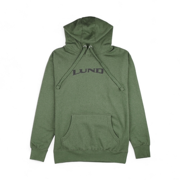 Green hoodie with Lund logo printed across the chest.