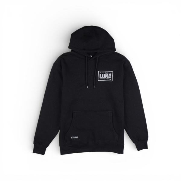 Front view of a black hoodie featuring a small Lund logo printed on the left chest